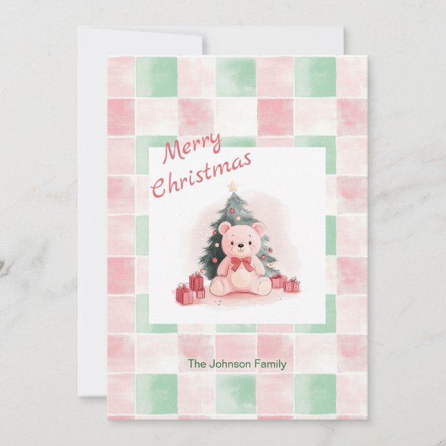 Pink Teddy Bear Cute Christmas Flat Holiday Card (Front)