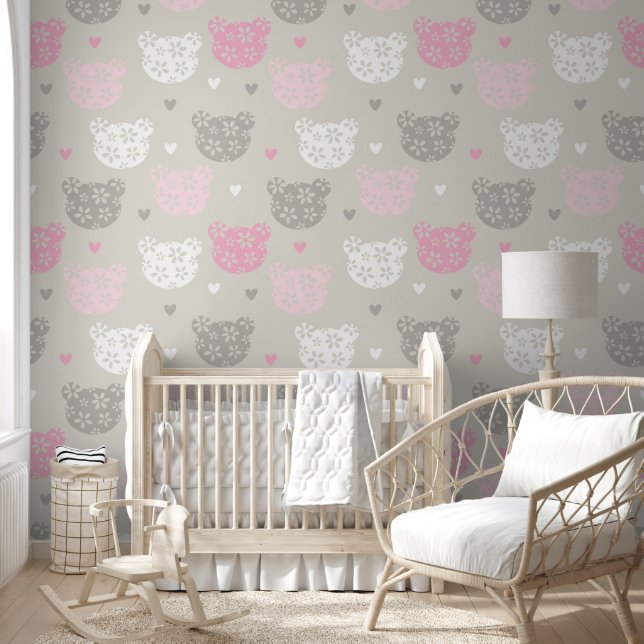 Pink Teddy Bear Ears Lacy Wall Covering  Wallpaper (Kids)