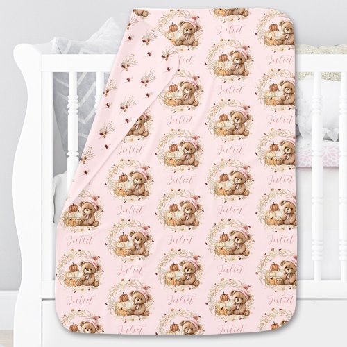 Pink Teddy Bear Fall Pumpkins Wildflowers Name Baby Blanket