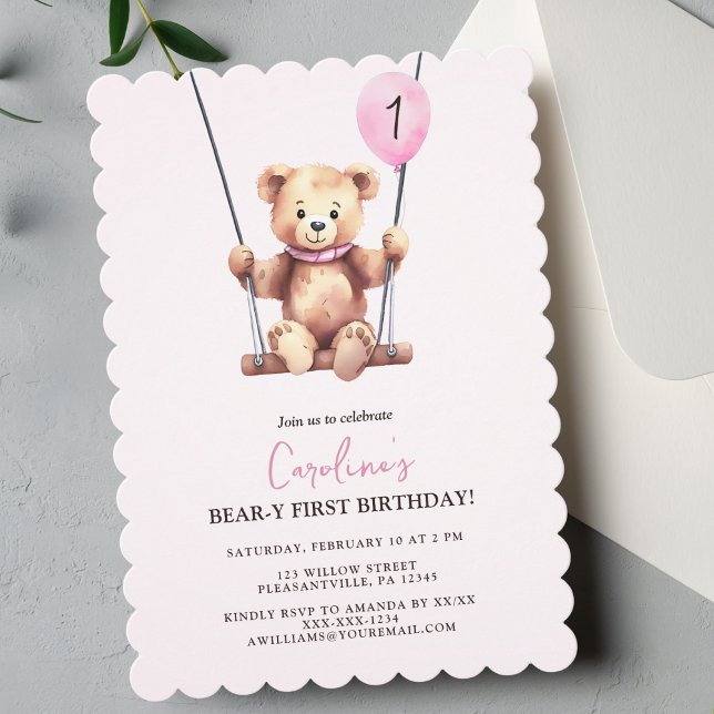 Pink Teddy Bear First Birthday Invitation (Creator Uploaded)