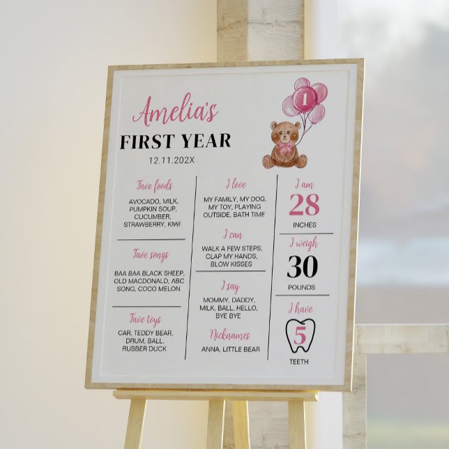 Pink Teddy Bear First Birthday Milestone Sign (Creator Uploaded)