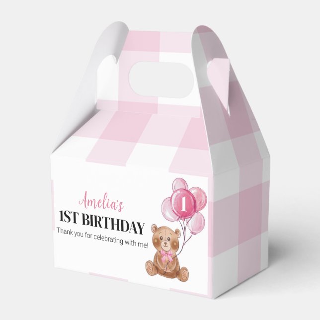Pink Teddy Bear First Birthday Party Favor Box (Front Side)