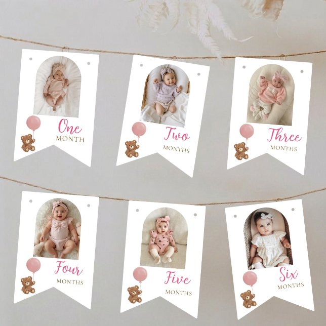 Pink Teddy Bear First Birthday Photo Bunting Flags (Creator Uploaded)