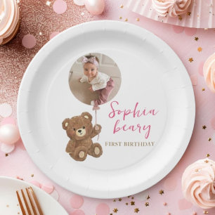 Pink Teddy Bear First Birthday Photo Paper Plates