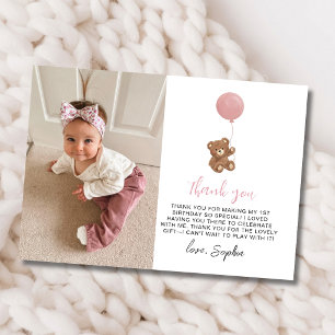 Pink Teddy Bear First Birthday Photo Thank You Card