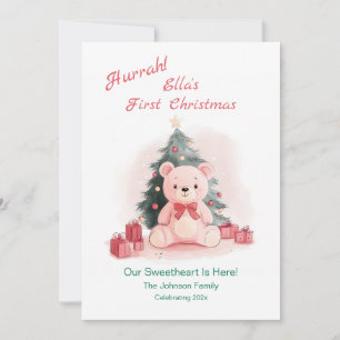 Pink Teddy Bear First Christmas Flat Holiday Card