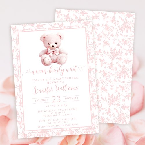 Pink teddy bear floral pattern baby girl shower invitation