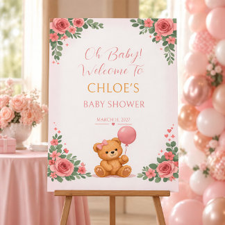 Pink Teddy Bear Floral Watercolor Baby Shower Foam Board