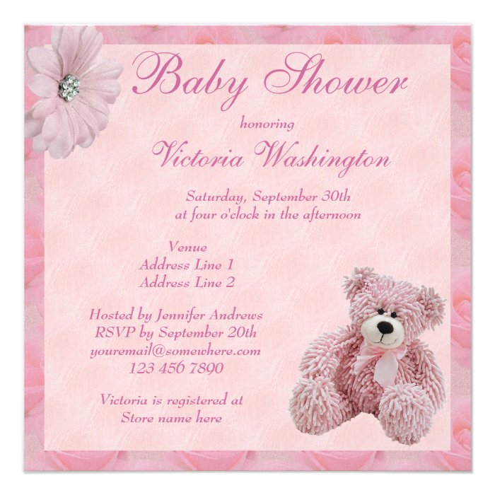 Pink Teddy Bear & Flowers Girl's Baby Shower Invite