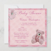 Pink Teddy Bear & Flowers Girl's Baby Shower Invitation (Back)