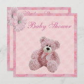 Pink Teddy Bear & Flowers Girl's Baby Shower Invitation (Front/Back)