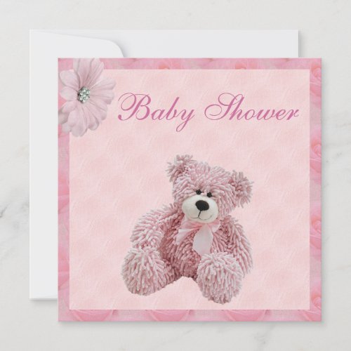 Pink Teddy Bear  Flowers Girls Baby Shower Invitation