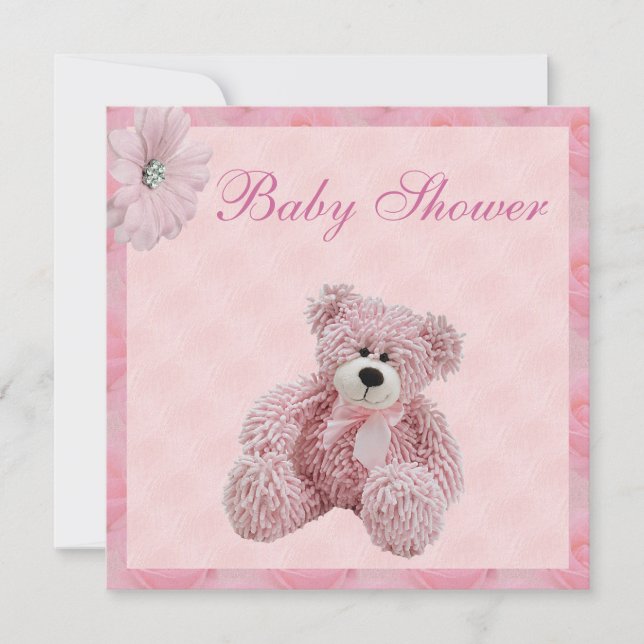 Pink Teddy Bear & Flowers Girl's Baby Shower Invitation (Front)