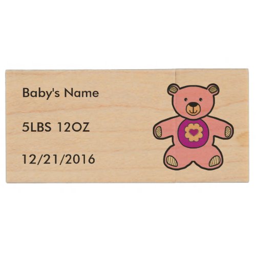 Pink Teddy Bear For Just Born Baby Girls Wooden Wood USB Flash Drive