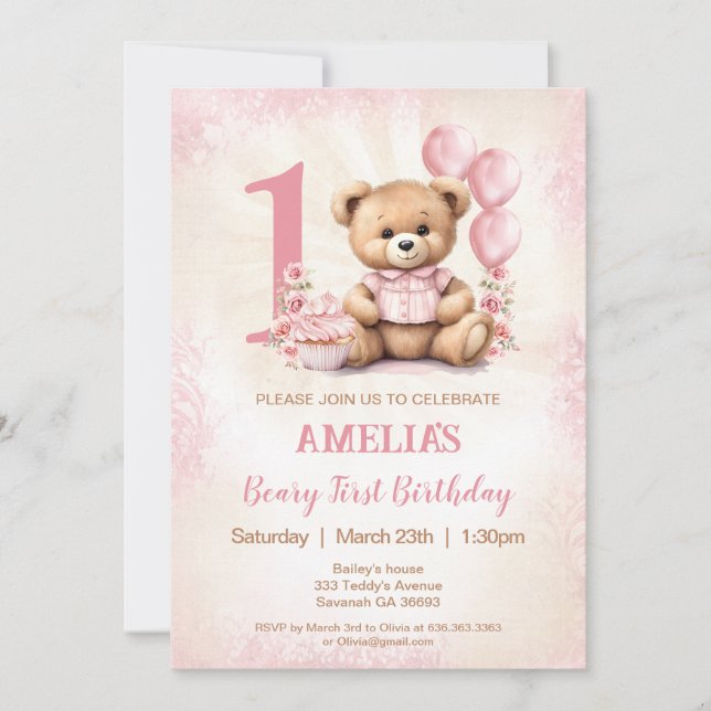 Pink Teddy Bear Girl 1st Birthday Invitation Zazzle