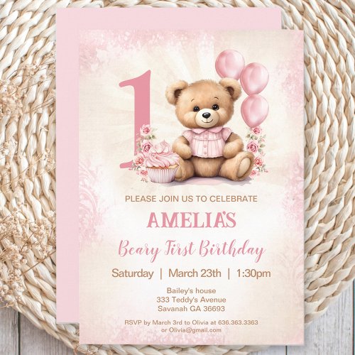 Pink Teddy Bear Girl 1st Birthday Invitation