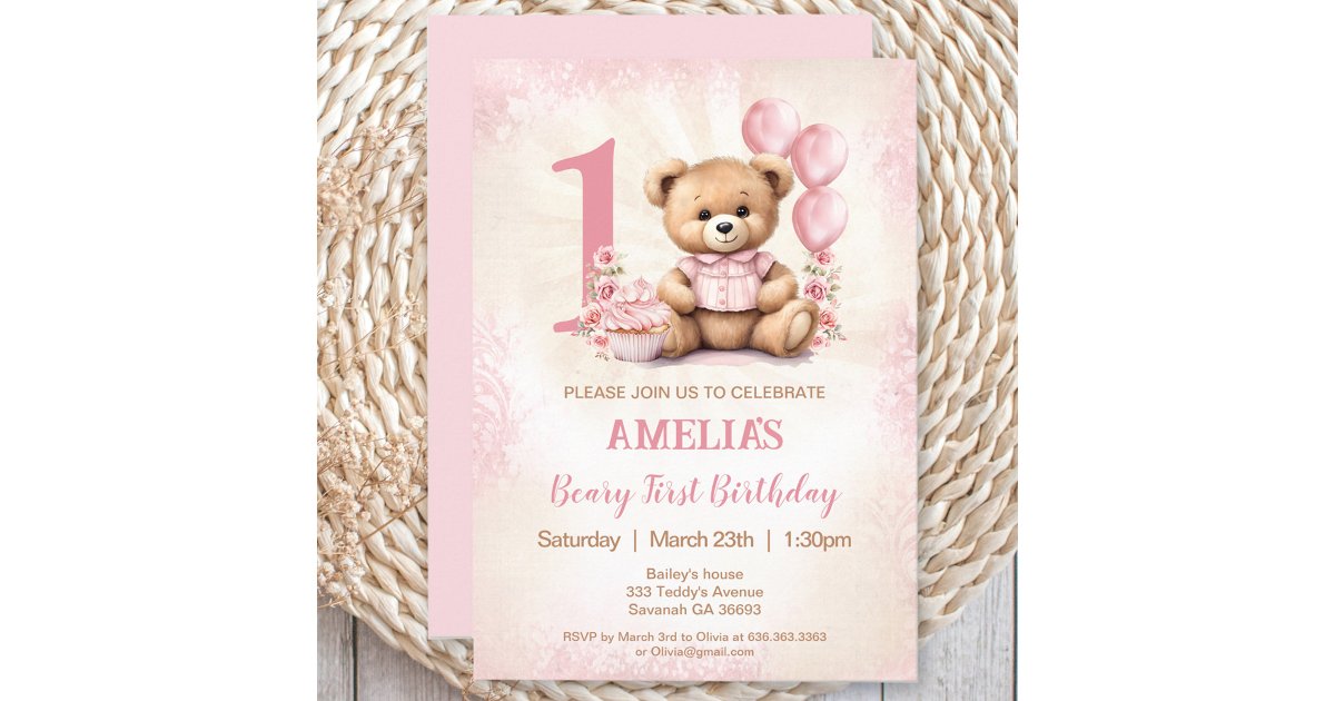 Pink Teddy Bear Girl 1st Birthday Invitation | Zazzle