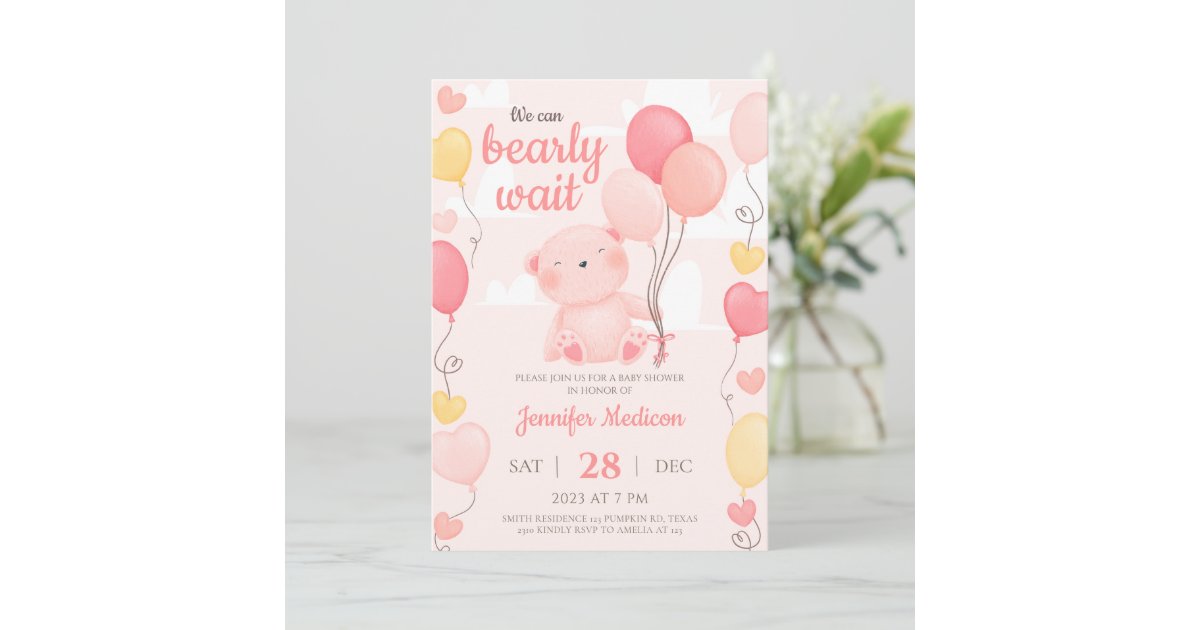 Pink Teddy Bear Girl Baby Shower Invitation | Zazzle