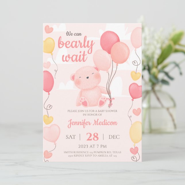 Pink Teddy Bear Girl Baby Shower Invitation (Standing Front)