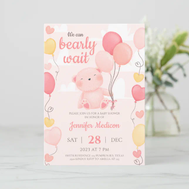 Pink Teddy Bear Girl Baby Shower Invitation | Zazzle
