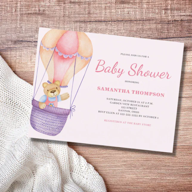Pink Teddy Bear Girl Baby Shower Invitation Postcard | Zazzle