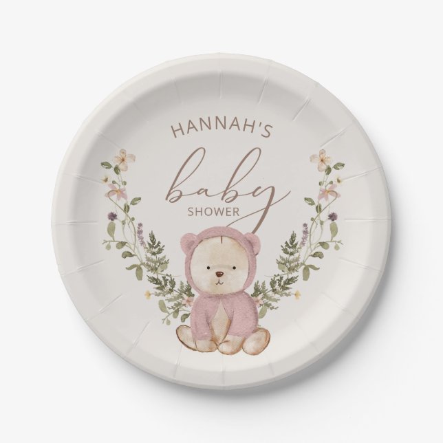 Pink Teddy Bear Girl Baby Shower Paper Plates (Front)