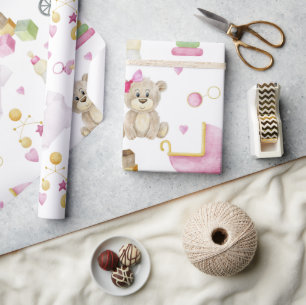 Pink Teddy Bear Girl Baby Shower Wrapping Paper