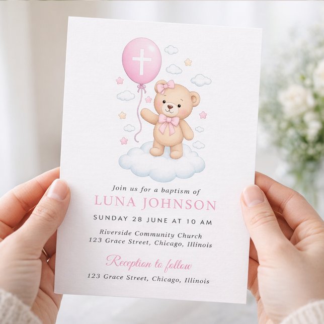 Pink Teddy Bear Girl Baptism Invitation (Creator Uploaded)