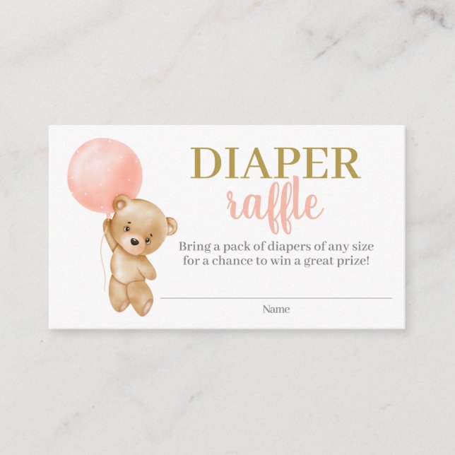Pink Teddy Bear Girl Diaper Raffle Enclosure Card (Front)