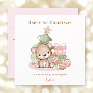 Pink Teddy Bear Girl First Christmas Card