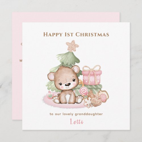 Pink Teddy Bear Girl First Christmas Card