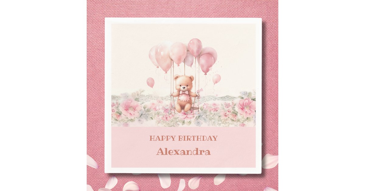 Pink Teddy Bear Girls Birthday Party Napkins | Zazzle