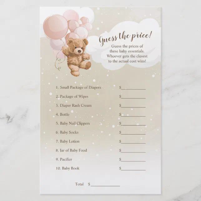 Pink Teddy Bear Guess The Price Game Flyer | Zazzle