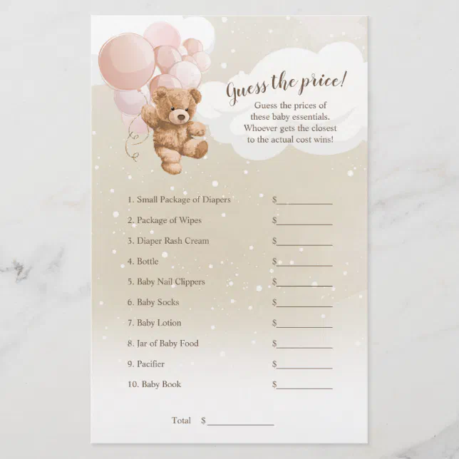 Pink Teddy Bear Guess The Price Game Flyer | Zazzle