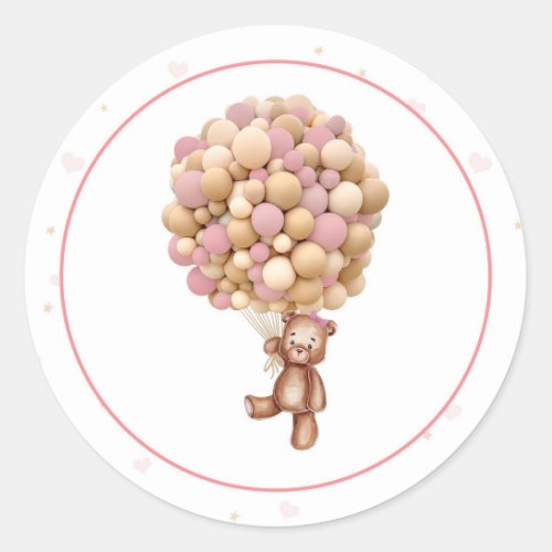 Pink Teddy Bear Hot Air Balloon Baby Shower Classic Round Sticker