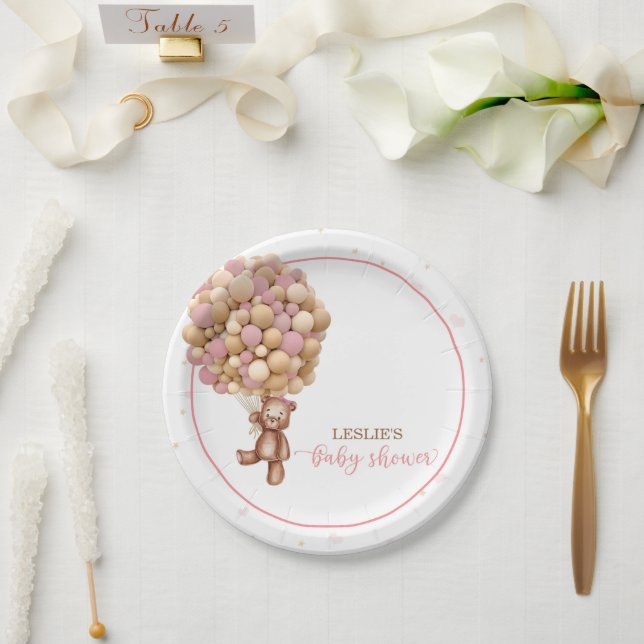 Pink Teddy Bear Hot Air Balloon Baby Shower Custom Paper Plates (Wedding)
