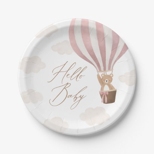 Pink Teddy Bear Hot Air Balloon Baby Shower Paper Plates