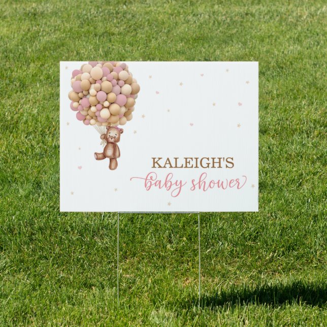 Pink Teddy Bear Hot Air Balloon Baby Shower Sign (Insitu)