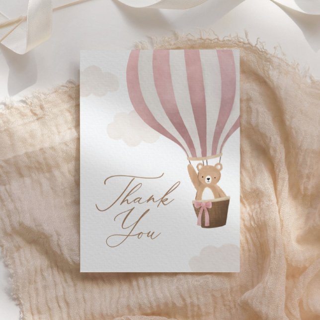 Pink Teddy Bear Hot Air Balloon Baby Shower Thank You Card (Creator Uploaded)