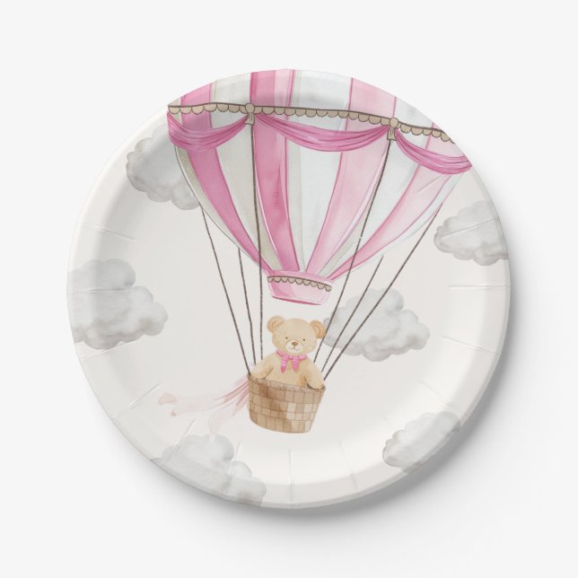 Pink Teddy Bear Hot Air Balloon Paper Plates (Front)