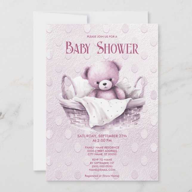 Pink Teddy Bear in Basket Baby Shower Invitation (Front)