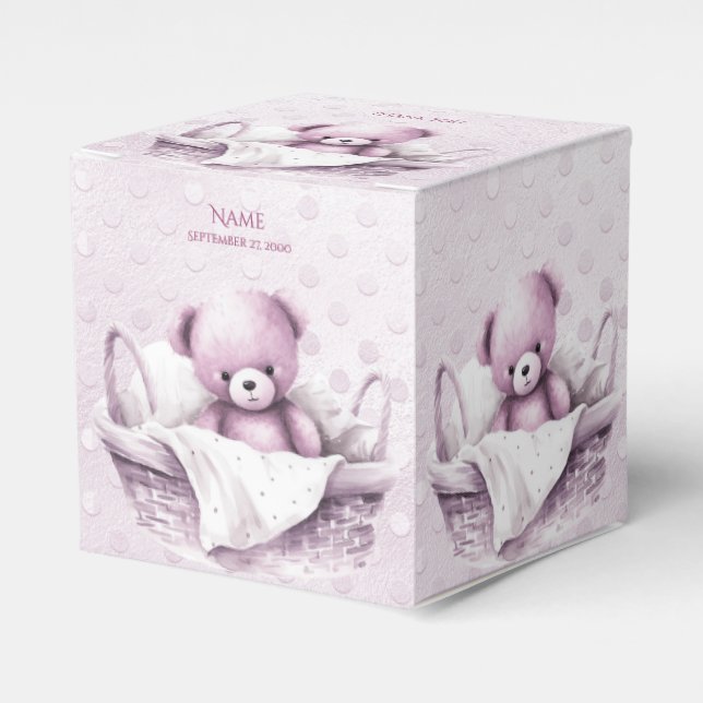 Pink Teddy Bear in Basket Favor Box (Front Side)