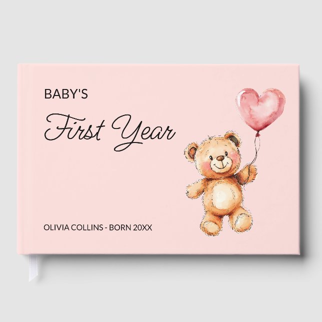 Pink Teddy Bear Keepsake Baby's First Year Book (Front)