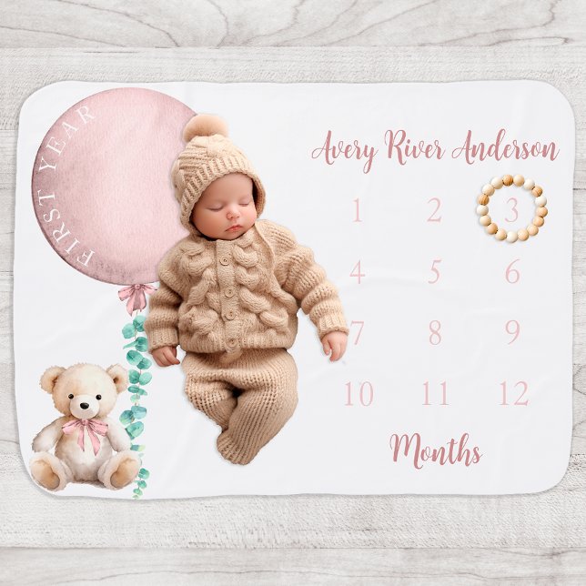 Pink Teddy Bear Monthly Milestone Blanket (pink baby blanket)
