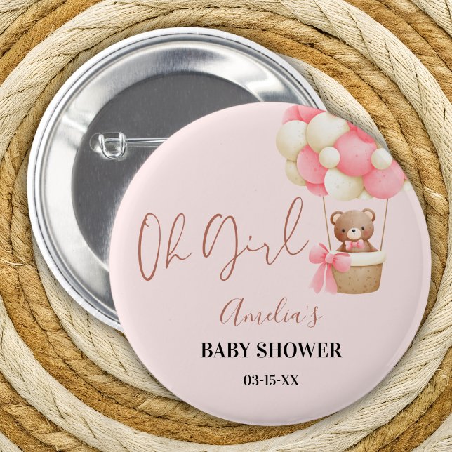 Pink Teddy Bear Oh Girl Balloon Baby Shower Button (Creator Uploaded)