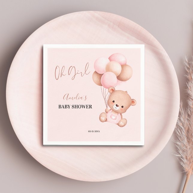 Pink Teddy Bear Oh Girl Balloon Baby Shower Party Napkins (Creator Uploaded)