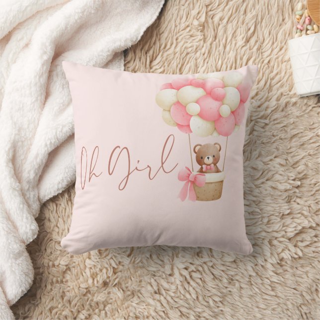 Pink Teddy Bear Oh Girl Balloon Baby Shower Throw Pillow (Blanket)