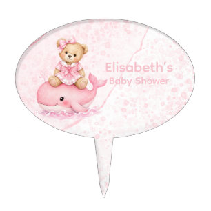 Pink Teddy Bear On Whale Girl Baby Shower Cake Topper