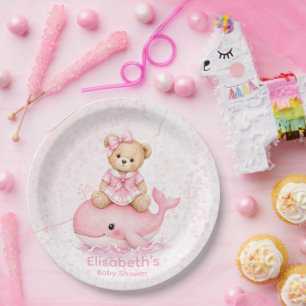 Pink Teddy Bear On Whale Girl Baby Shower Paper Plates