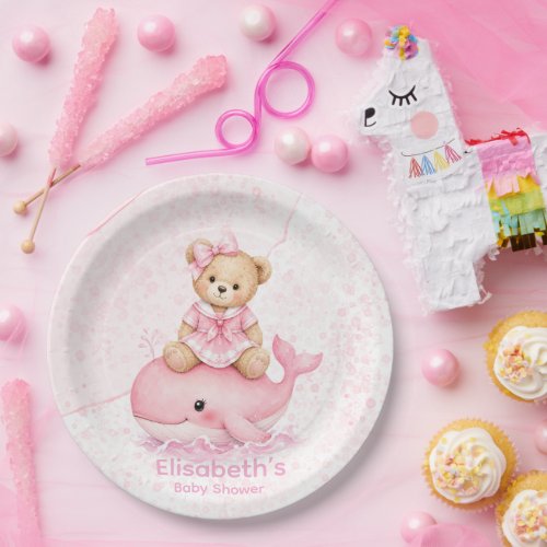 Pink Teddy Bear On Whale Girl Baby Shower Paper Plates